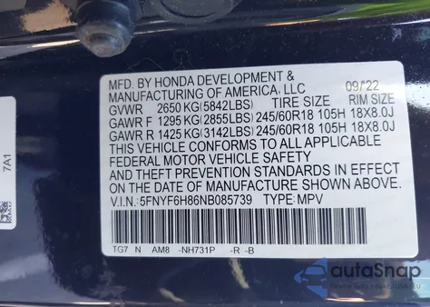 2022 Honda Pilot Awd Trailsport z USA, uszkodzony, nr VIN 5FNYF6H86NB085739